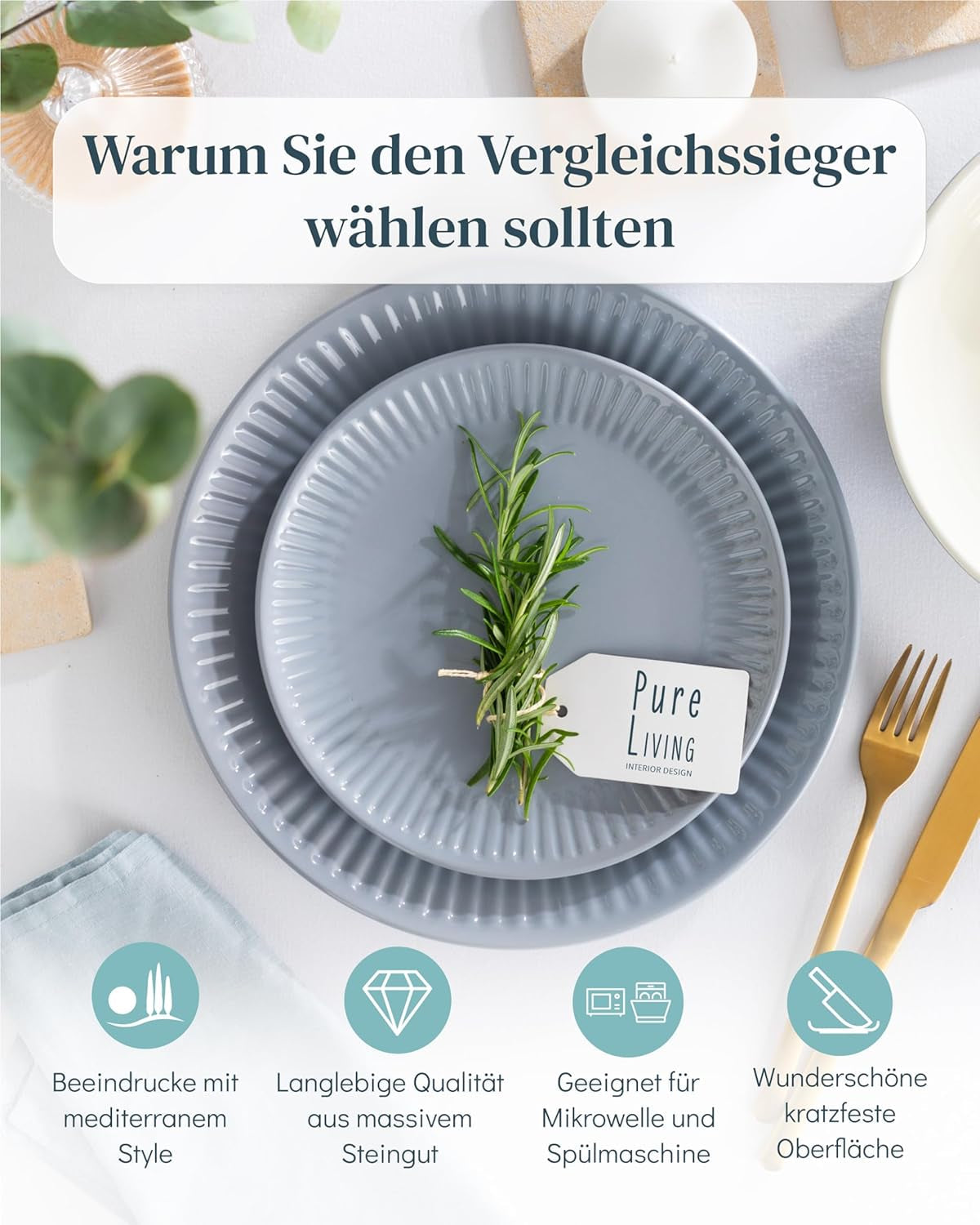 Set de veselă din gresie pentru 6 persoane, Hygge, 24 de piese. CÂȘTIGĂTOR AL TESTULUI, Set de veselă din gresie scandinavă Dreamy, set de boluri și farfurii, serviciu de cină pentru 6 persoane, seturi de veselă Pure Living în gri-albastru