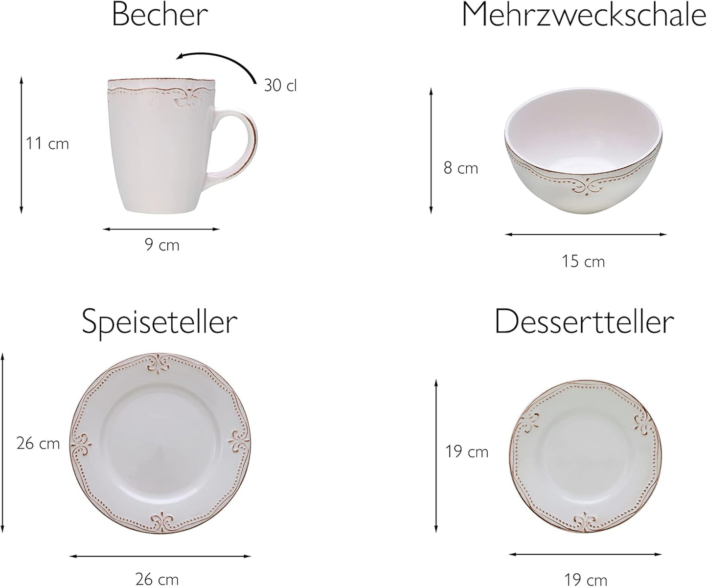 CreaTable, 23601, seria Romantic Vintage, set de veselă cu 16 piese pentru 4 persoane, serviciu combinat din gresie, potrivit pentru mașina de spălat vase și cuptorul cu microunde, producție de calitate