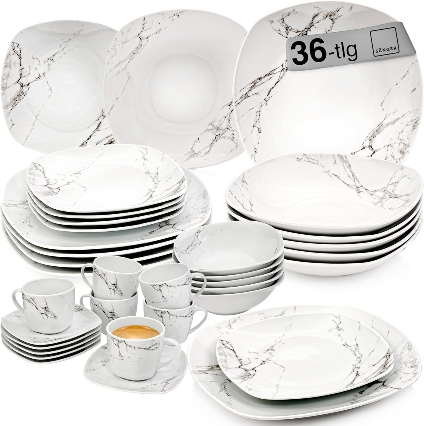 SÄNGER | Set de veselă combinat Bilgola din marmură, set de veselă cu 36 de piese pentru 6 persoane, cu farfurii de cină, farfurii de desert, farfurii de sumă, boluri pentru cereale, farfurii de cafea și farfurioare din porțelan, pătrat | COLECȚIA PREMIUM