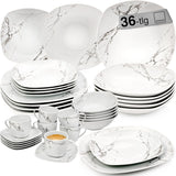 SÄNGER | Set de veselă combinat Bilgola din marmură, set de veselă cu 36 de piese pentru 6 persoane, cu farfurii de cină, farfurii de desert, farfurii de sumă, boluri pentru cereale, farfurii de cafea și farfurioare din porțelan, pătrat | COLECȚIA PREMIUM