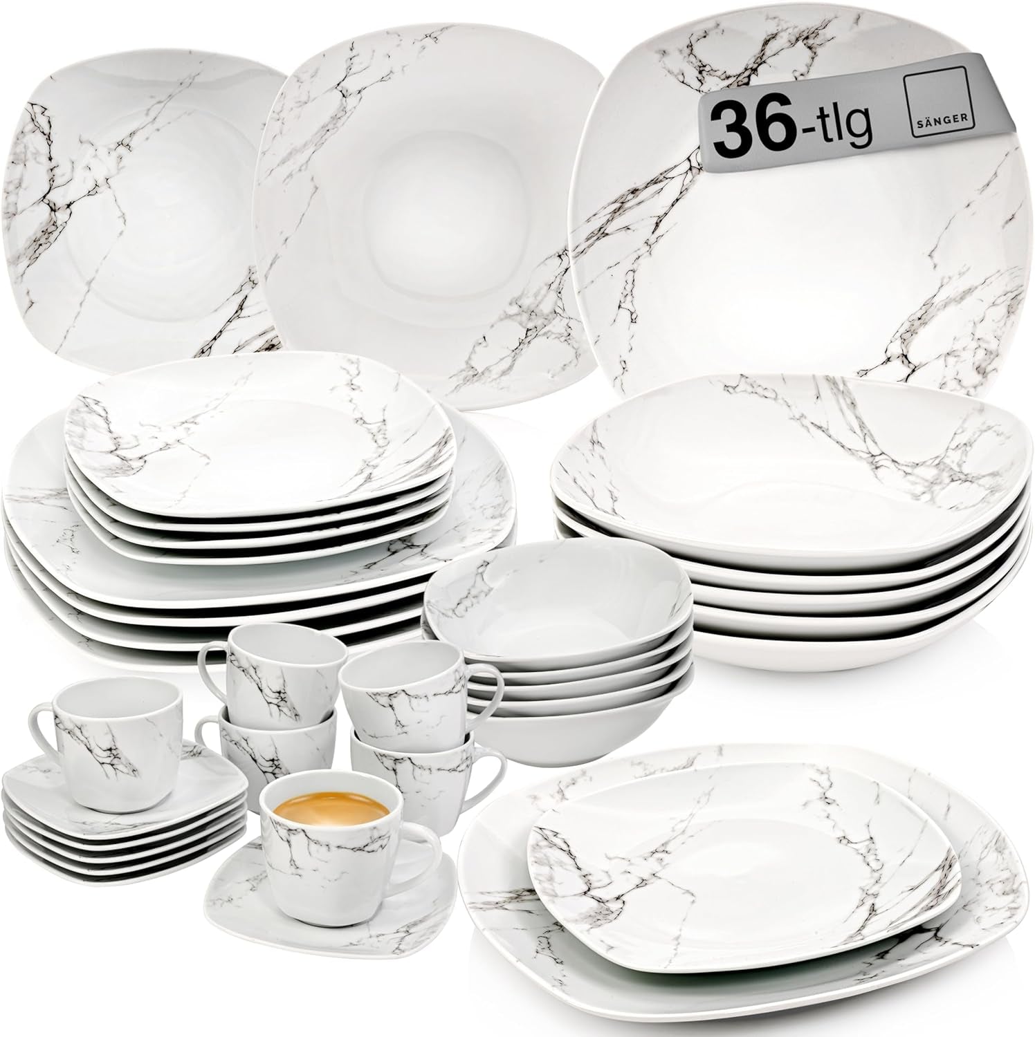 SÄNGER | Set de veselă combinat Bilgola din marmură, set de veselă cu 36 de piese pentru 6 persoane, cu farfurii de cină, farfurii de desert, farfurii de sumă, boluri pentru cereale, farfurii de cafea și farfurioare din porțelan, pătrat | COLECȚIA PREMIUM