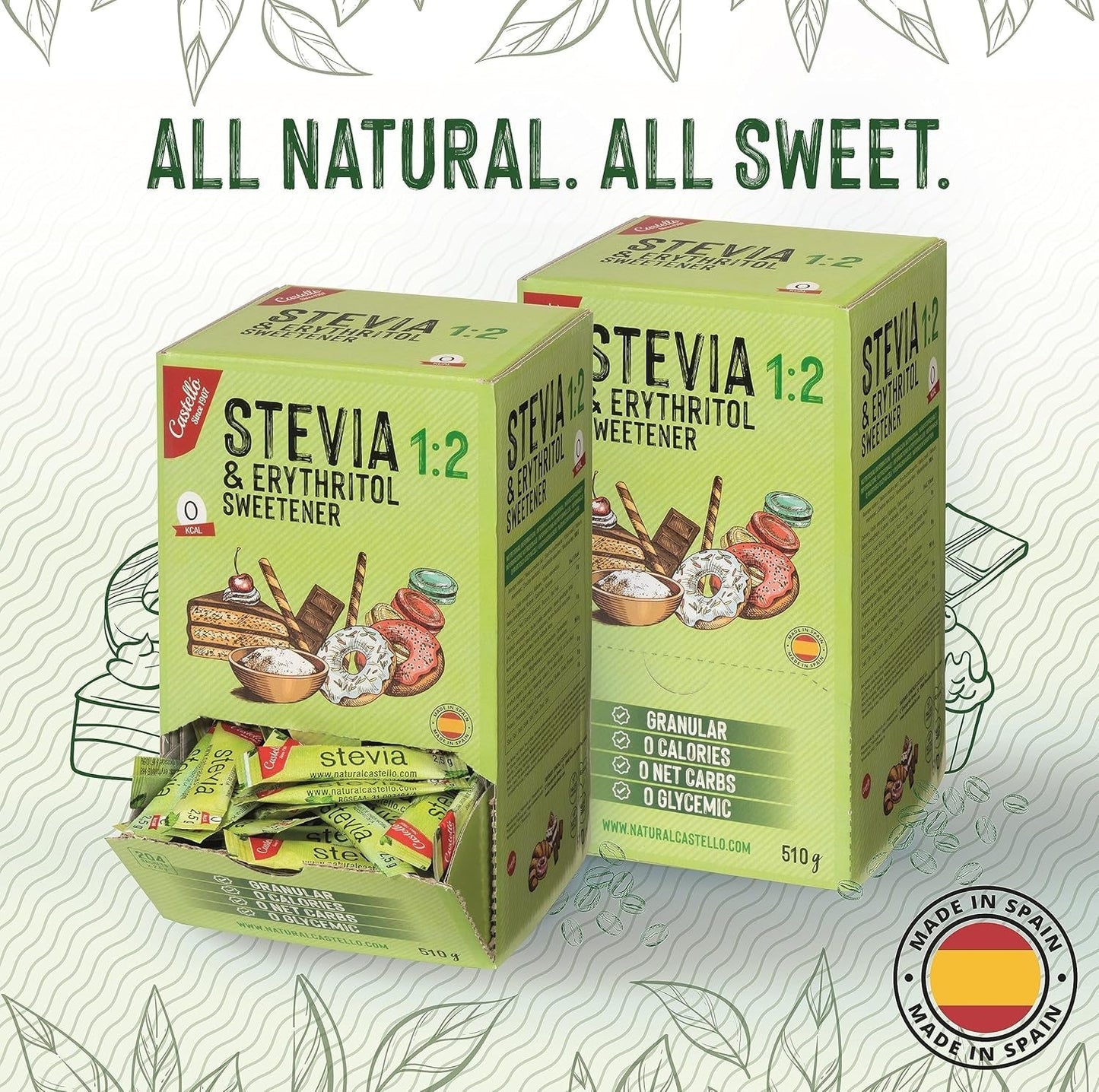 Stevia + Erythrit 1:2 Süßstoff | 204 Beutel Mit 2,5 G | 100% Natürlicher Zuckerersatz - 0 Kalorien - 0 Glykämischer Index - Keto Und Paleo - 0 Kohlenhydrate - Kein GVO - Castello since 1907-510 G Indulcitori Naty Shop