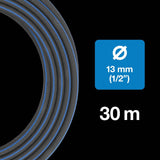 Furtun de apă Fiskars L, protecție UV, testat la presiune, nivel de rigiditate torsională 4 (din 5), 30 m, Ø 1,3 cm (1/2"), 4,2 kg, Negru/Portocaliu/Albastru, 1027105