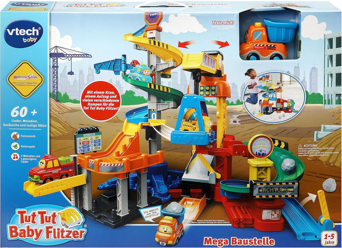 VTech TUT TUT Baby Flitzer - Mega șantier de construcții - Set de joacă interactiv cu elemente în mișcare, melodii și cântece și camion basculant TUT TUT Baby Flitzer - Pentru copii cu vârsta între 1 și 5 ani Jucarii Bebe Naty Shop
