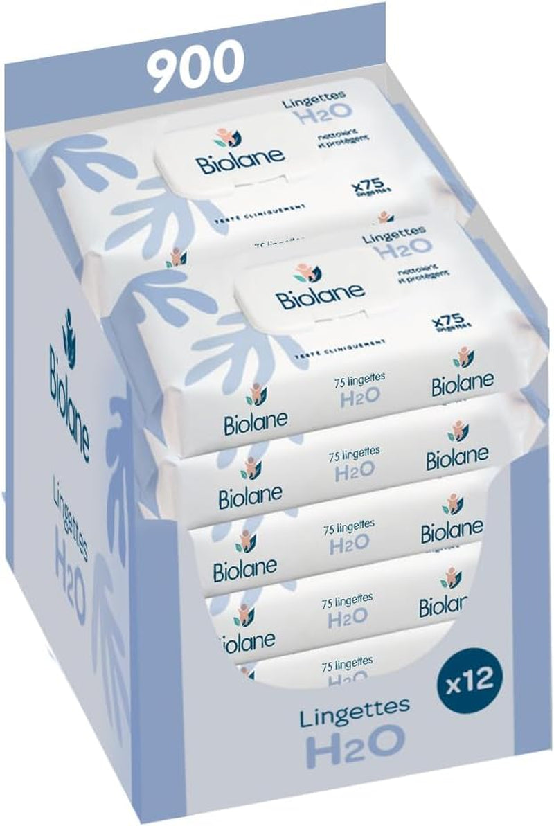 BIOLANE - Șervețele umede pentru bebeluși cu apă - 225 de șervețele - 3 x 75 bucăți - Curățare delicată și eficientă - De la naștere - Calitate franceză