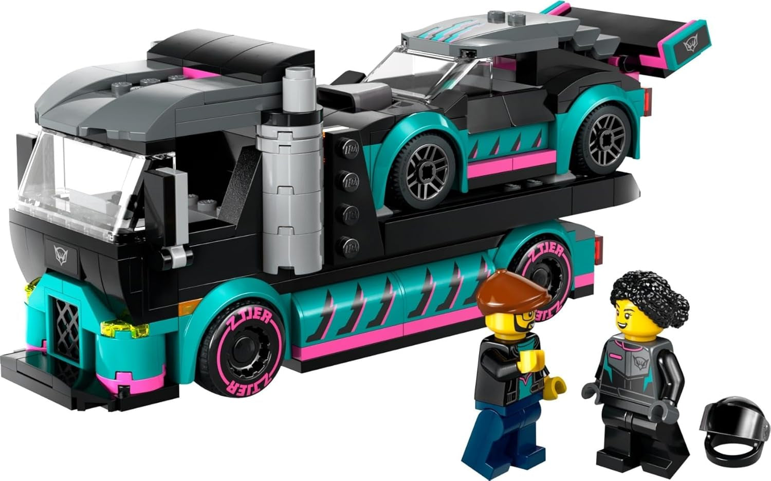 LEGO City Car Transporter cu mașină de curse, camion jucărie cu rampă de încărcare reglabilă și mașină de curse, set de construcție cu 2 minifigurine, șofer de curse și șofer de camion, copii de peste 6 ani 60406 Seturi de constructie Besuche den LEGO-Store