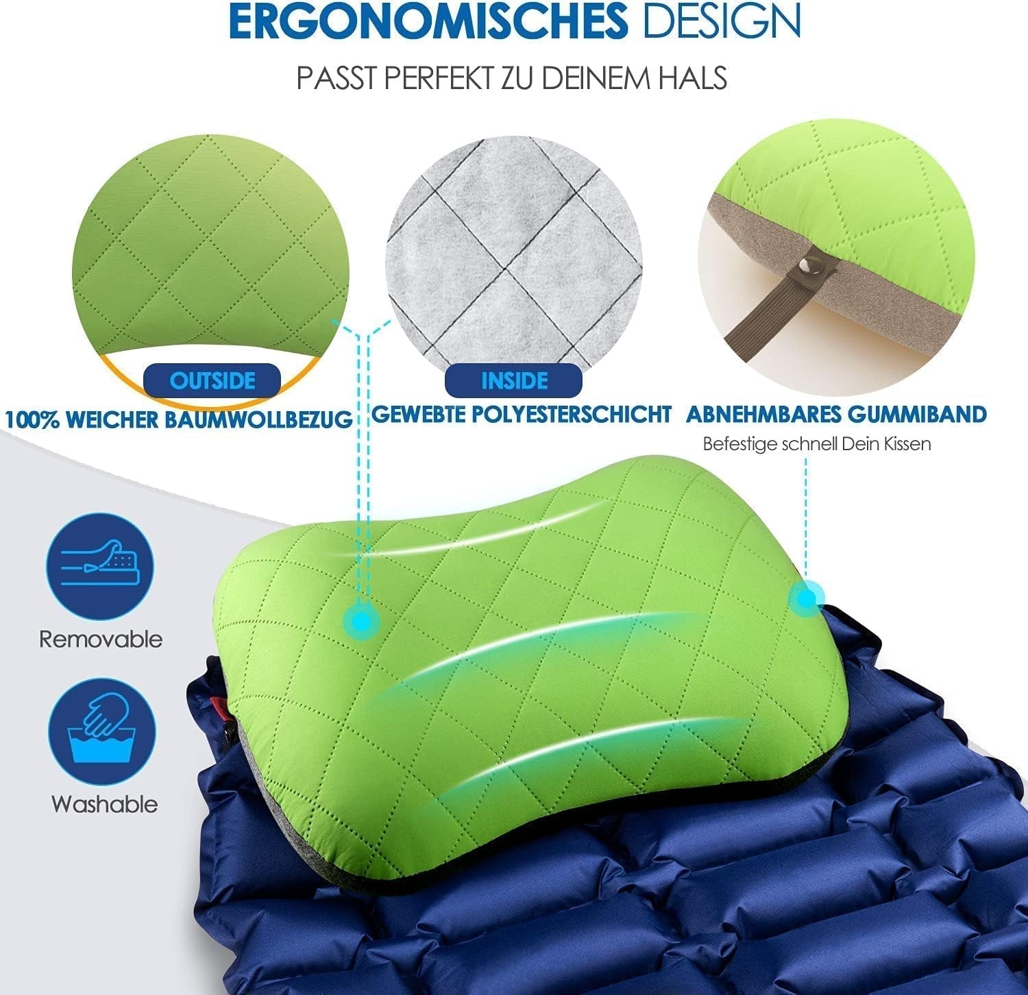 HIKENTURE Pernă gonflabilă de camping / călătorie cu față de pernă detașabilă, pernă ergonomică, pernă confortabilă pentru gât pentru călătorie / exterior, pernă gonflabilă de călătorie pentru gât (verde) ... Perne ortopedice cervicale Naty Shop
