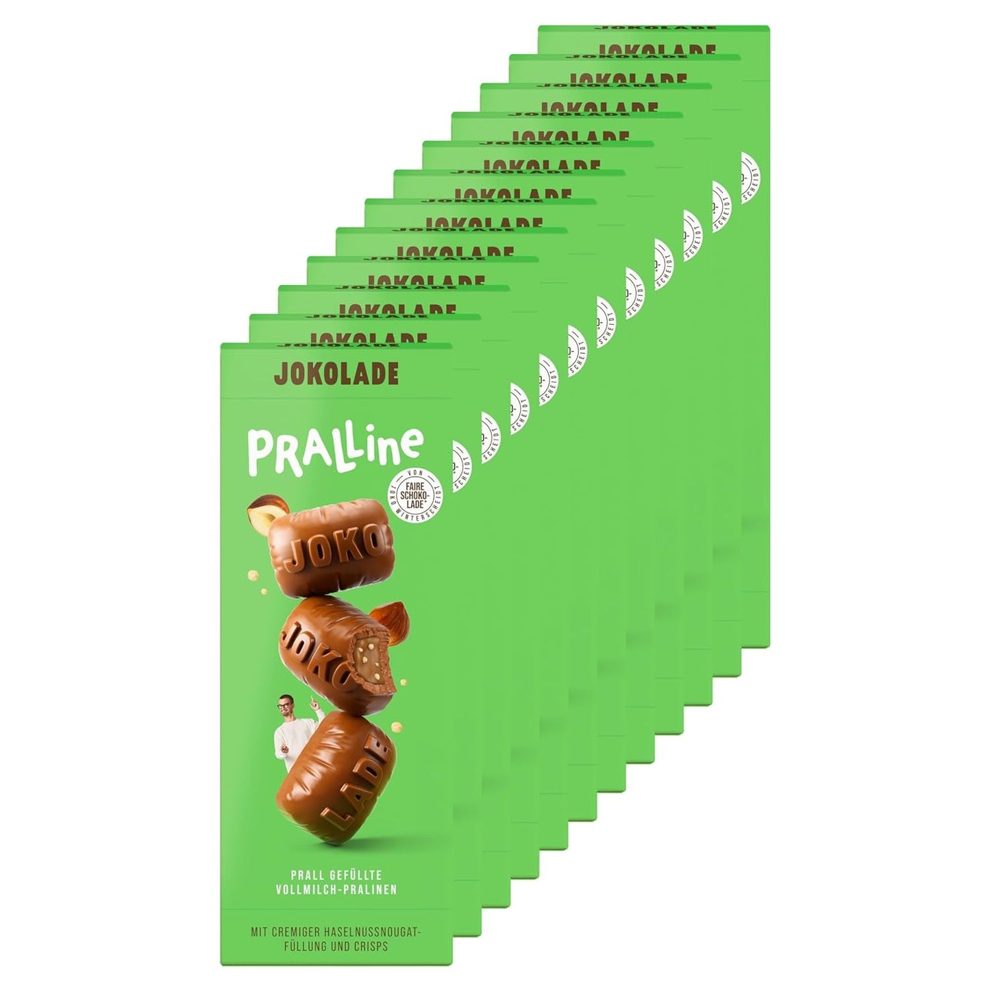 JOKOLADE PRALLINE Pachet Value 12 x 80g | Umplutură generoasă cu cremă de nuga cu alune și chipsuri | Ciocolată echitabilă de la Joko Winterscheidt