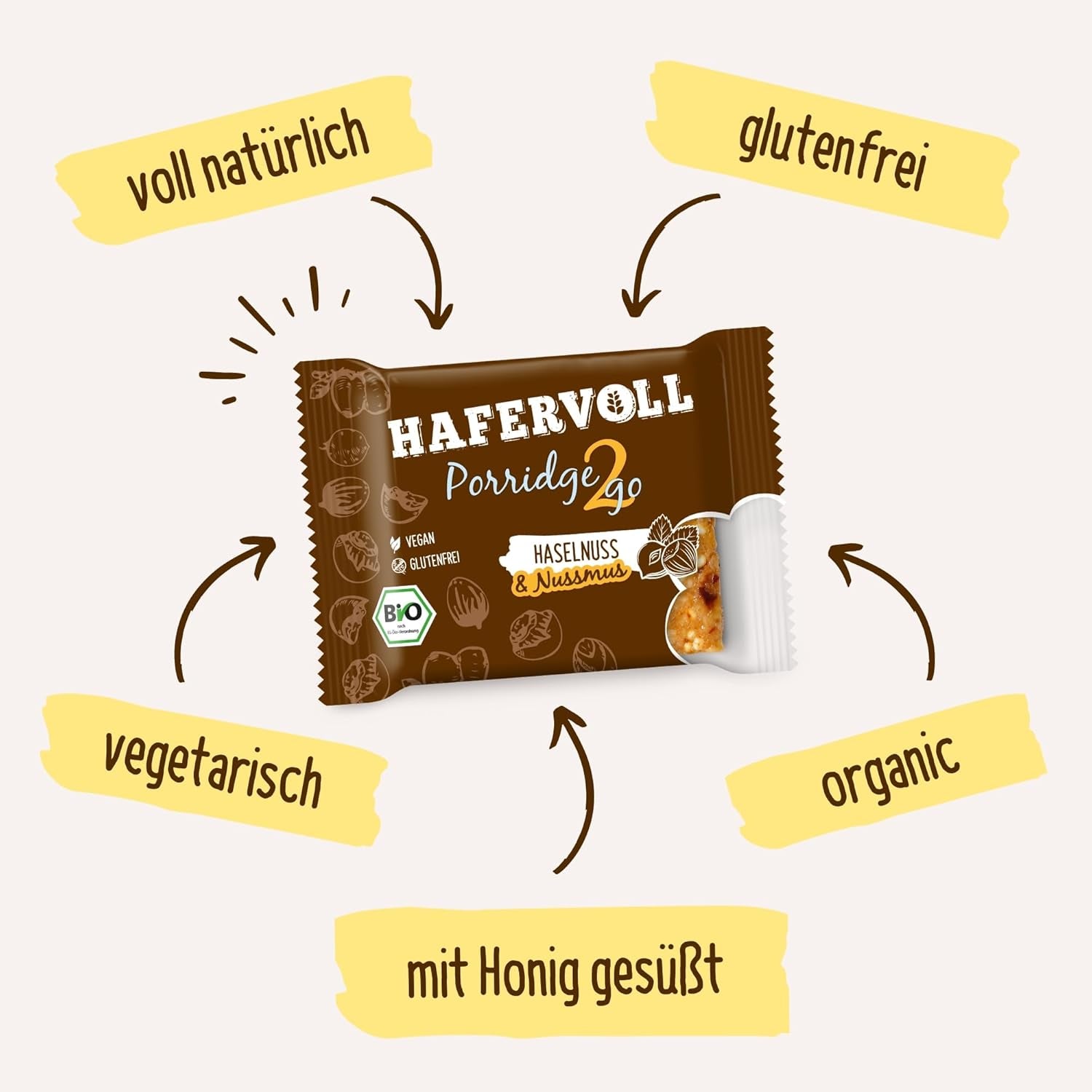 Hafervoll Porridge2go Unt de alune și nuci, 13 batoane x 55g - Vegan, Organic, Fără gluten, Gustare fără zahăr adăugat, cu ovăz, curmale și bomboane de quinoa