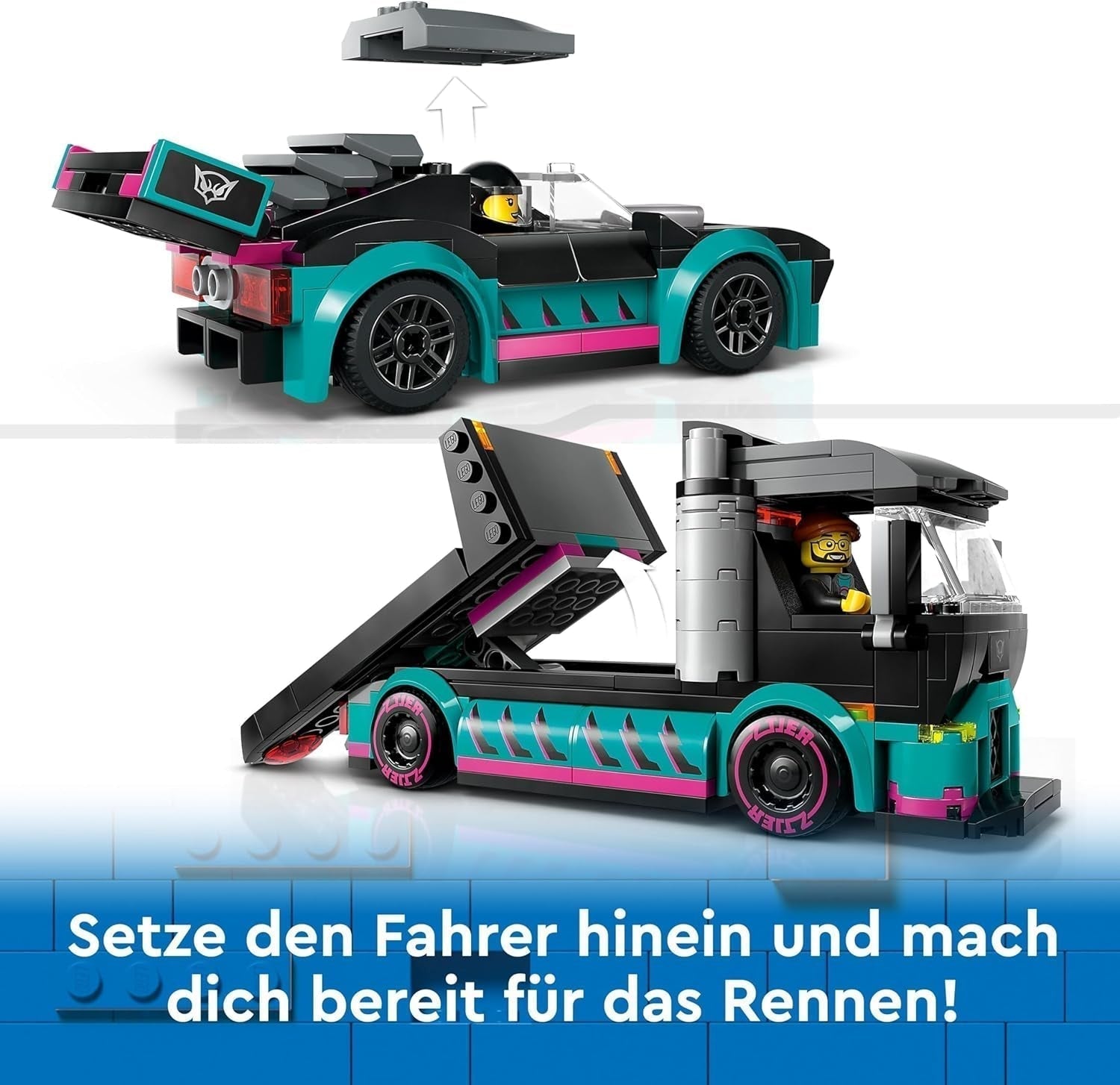LEGO City Car Transporter cu mașină de curse, camion jucărie cu rampă de încărcare reglabilă și mașină de curse, set de construcție cu 2 minifigurine, șofer de curse și șofer de camion, copii de peste 6 ani 60406 Seturi de constructie Besuche den LEGO-Store
