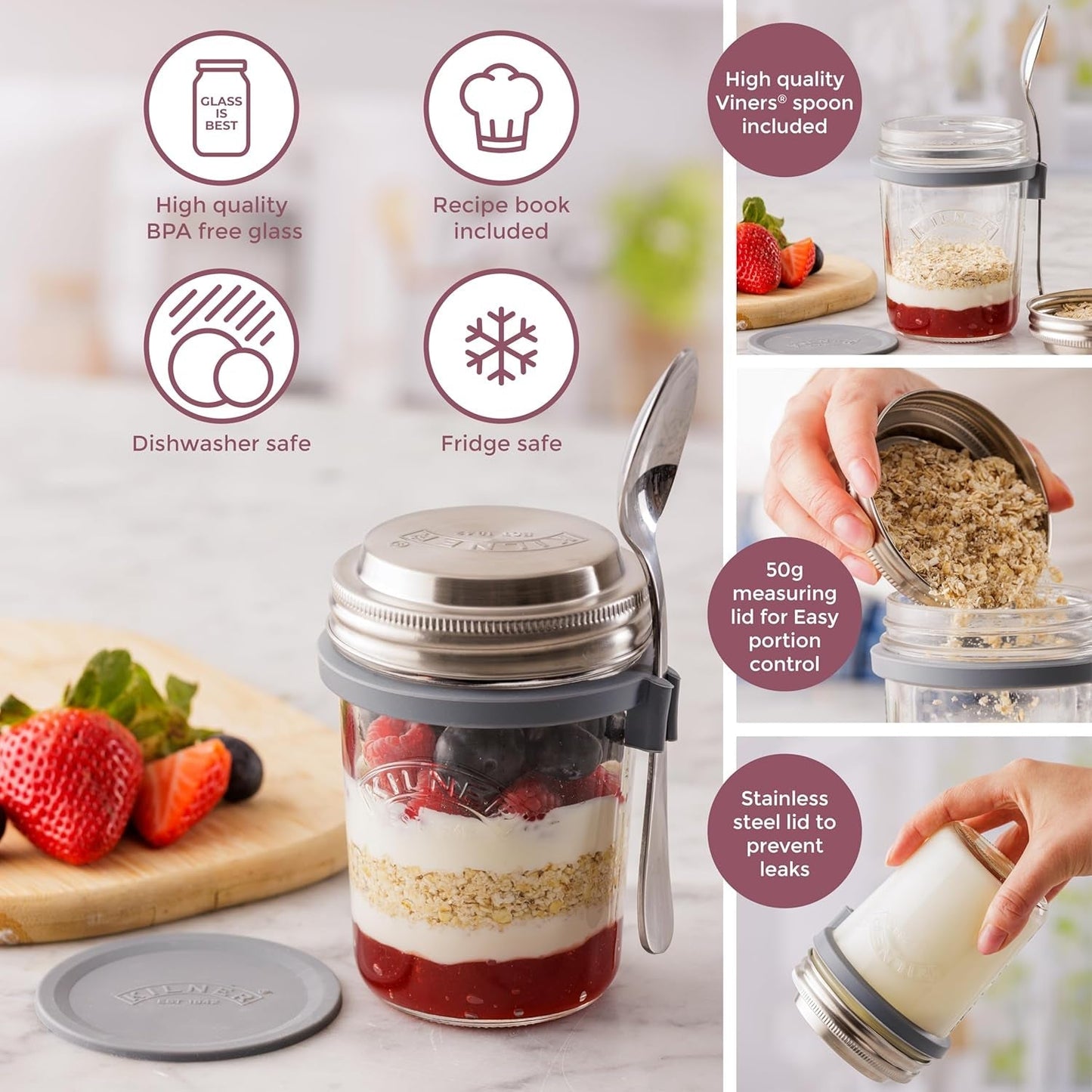 Borcan de mic dejun Kilner cu lingură / 350 ml, Ø 9,5 cm / 5 piese | cană pentru muesli la pachet / non-toxic / recipient din sticlă cu capac pentru muesli, terci și iaurt / recipient pentru ovăz peste noapte Cutii depozitare alimente Naty Shop