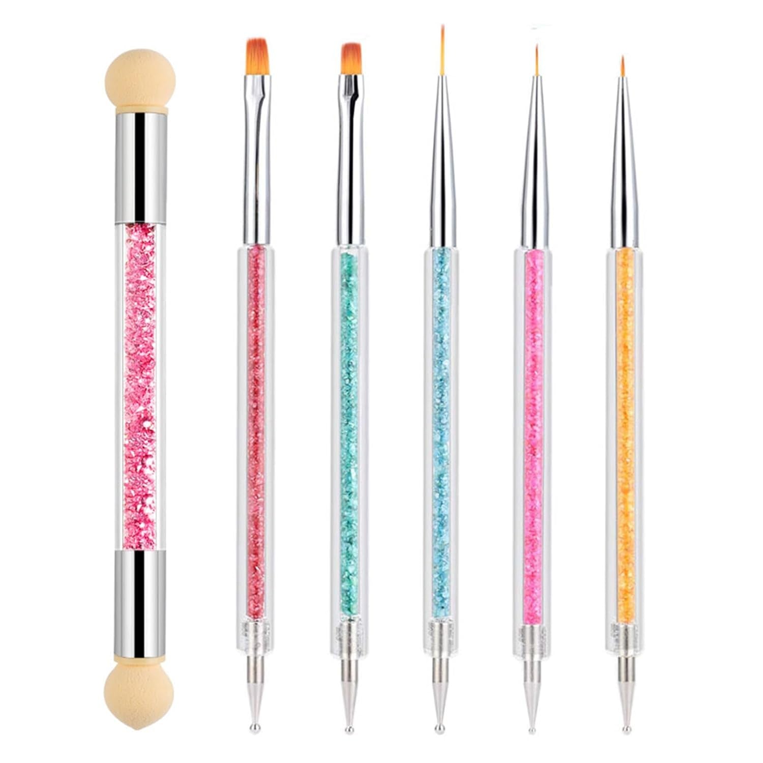 6 Stück Nagel Pinsel Set, Doppel-Ende Nageldesign Pinsel, Acryl Nail Art Pinsel Set Nail Art Liner Pinsel Dotting Tool Für DIY Nail Art Design (Mit 1 Schwammbürste)