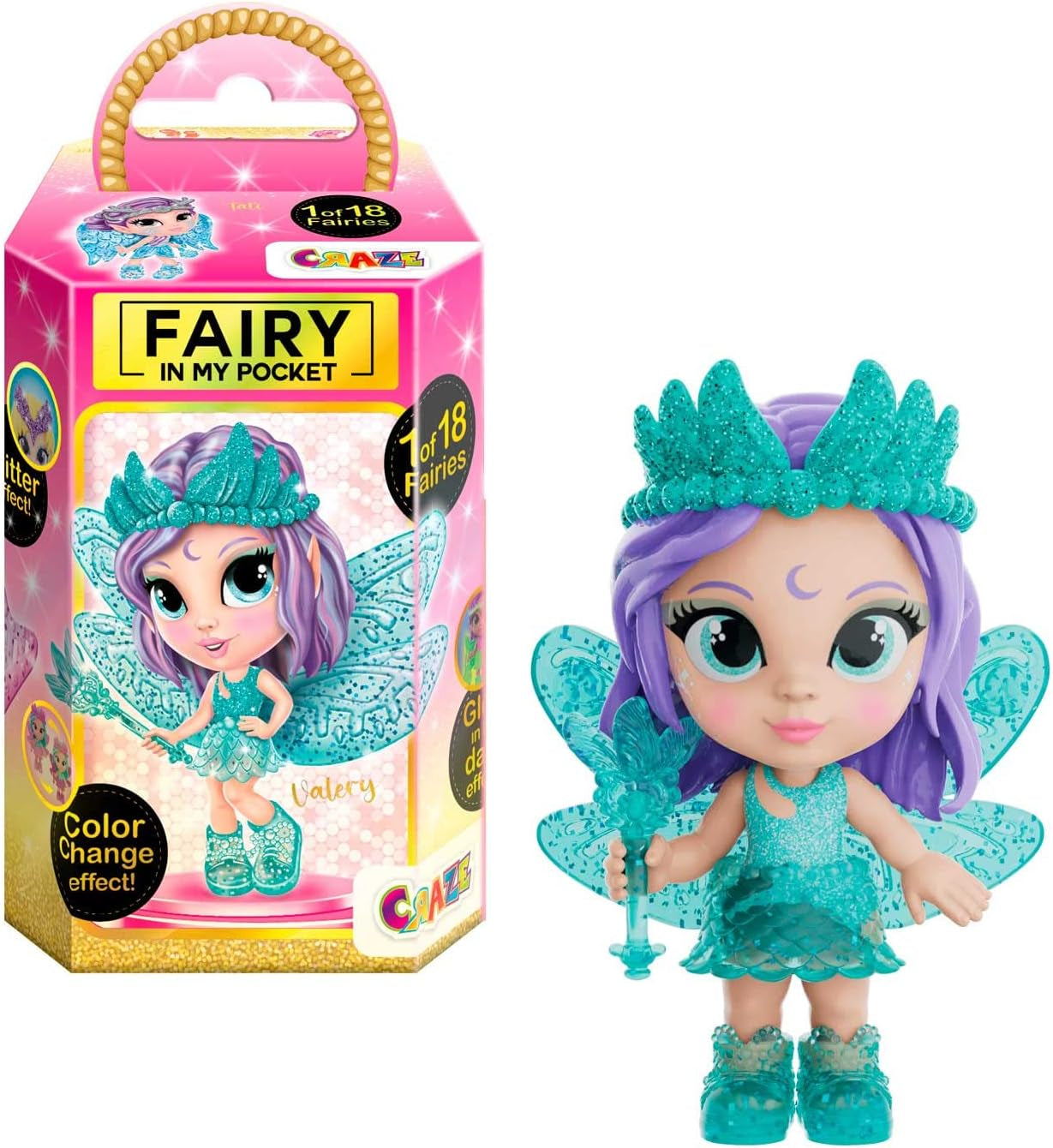 CRAZE Fairy in My Pocket | Păpușă zână cu aripi, jucărie zână de colecționat cu efecte speciale precum sclipici, strălucire în întuneric și schimbare de culoare Papusi Naty Shop Zână în buzunarul meu