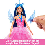 Barbie O Magie Ascunsă - Păpușă cu Unicorn, rochie roz cu detalii albastru safir, bentiță de unicorn, aripi și coadă detașabile din safir, pentru copii cu vârsta de 3 ani și peste, HRR16
