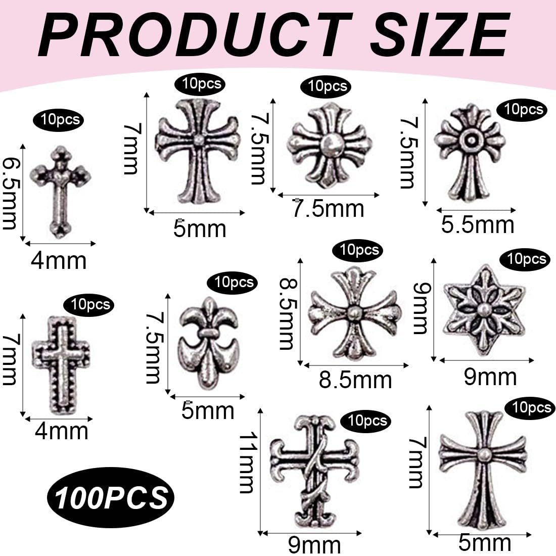 100 bucăți brelocuri unghii cruce 3D, brelocuri unghii cruce, brelocuri unghii cromate, accesorii vintage pentru unghii, decorațiuni unghii DIY, pentru femei și fete, unghii DIY decorațiuni