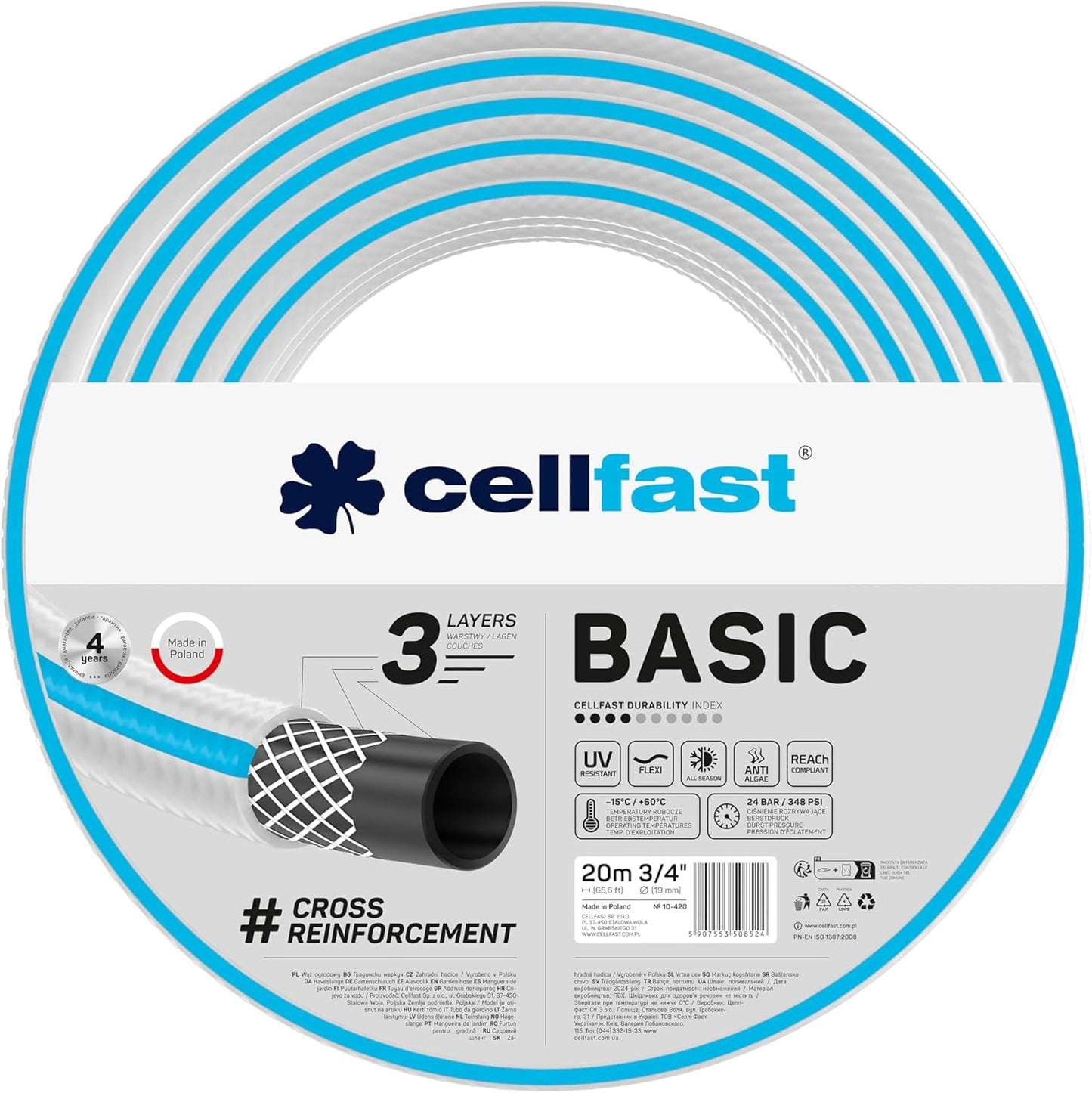 Furtun de grădină CELLFAST, furtun de apă cu 3 straturi pentru grădină, armare durabilă cu fire, furtun flexibil pentru irigații, rezistent la UV, anti-alge, 3,4 inch, lungime 20 metri
