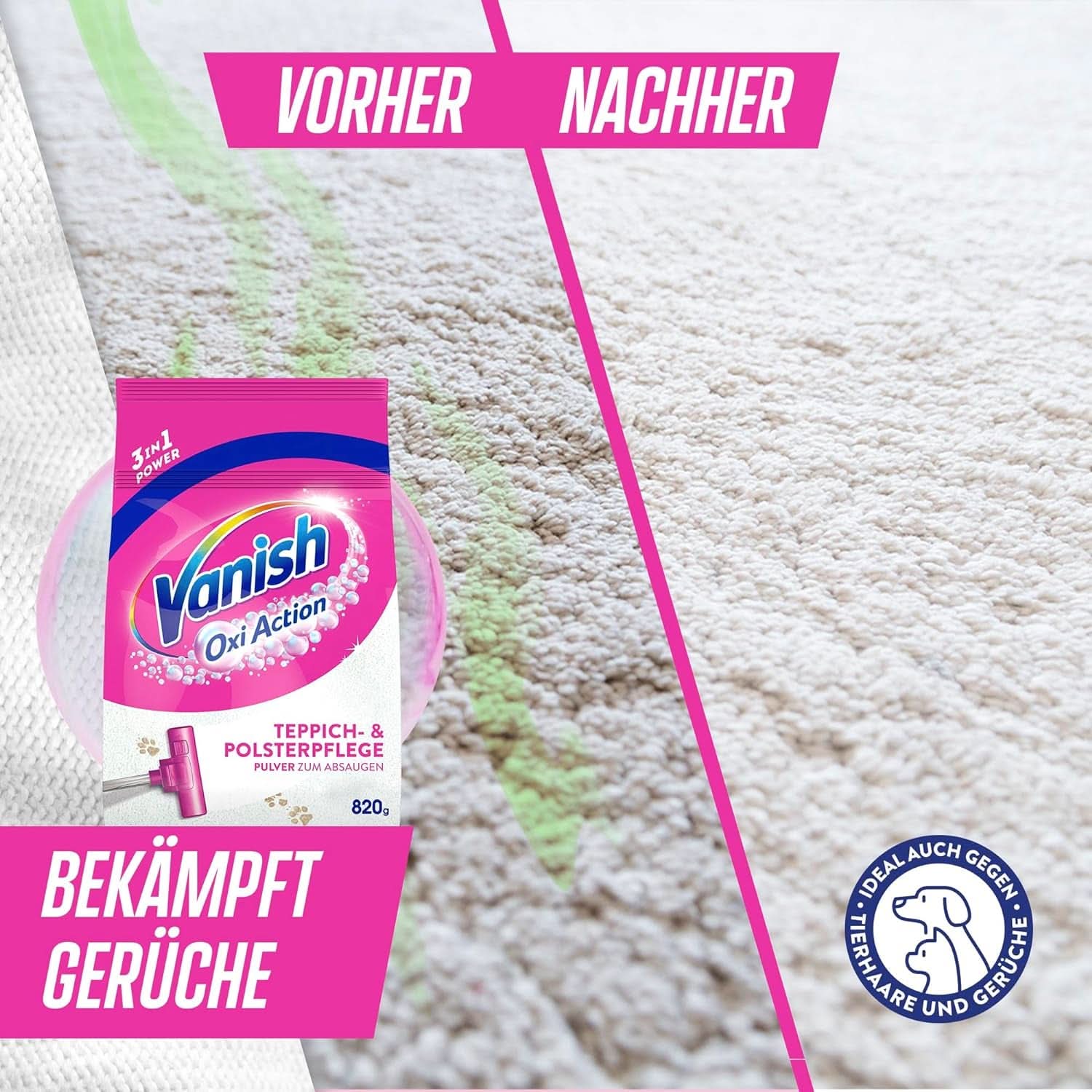 Vanish Oxi Action Pulbere pentru curățarea covoarelor și a tapițeriei - 1 X 820 G - Curăță suprafețe mari pentru covoare și tapițerii împotriva murdăriei, mirosului urât și prafului Detergenti Rufe Naty Shop