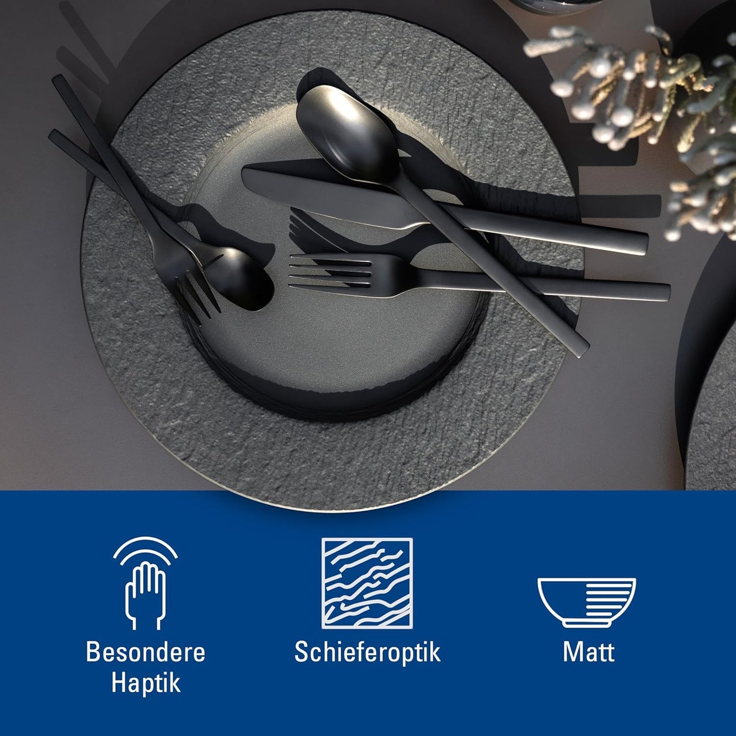 Villeroy & Boch – Set de veselă Manufacture Rock, 6 piese, Set de veselă pentru 2 persoane, Porțelan Premium, Negru