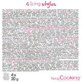Scrapcooking – 4 markere pentru piese: auriu, ciocolatiu, alb și roșu – pixuri decorative comestibile pentru scris și desenat pe deserturi, prăjituri și biscuiți