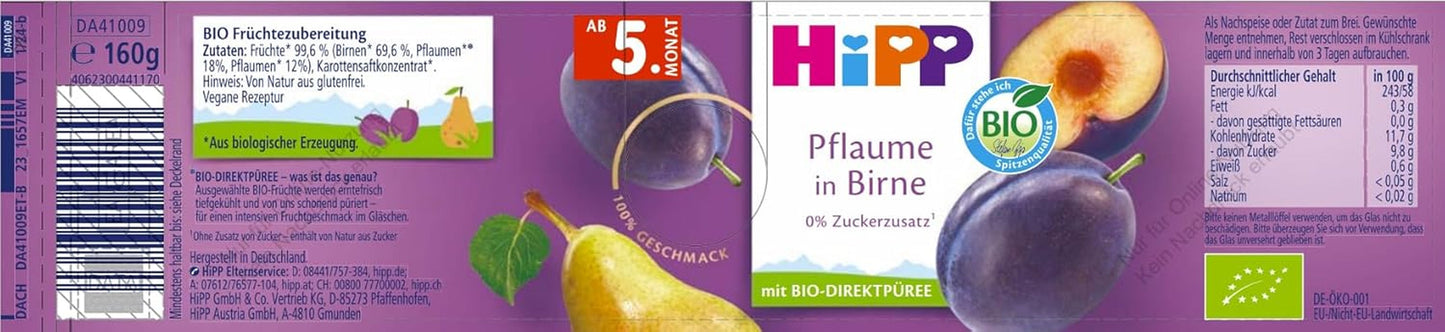 HiPP Prune Organice cu Aromă de Pară (6 x 160g), de la 5 luni, fără zahăr adăugat, aromă deosebit de intensă de fructe, de cea mai bună calitate organică.