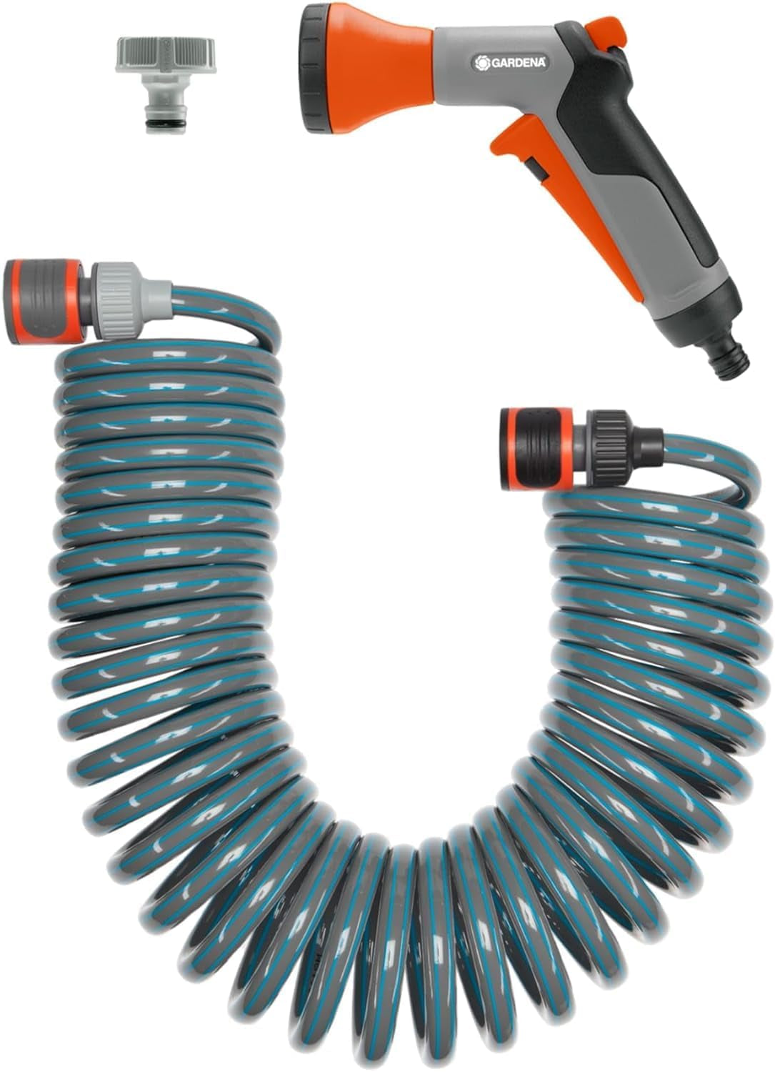 Set complet furtun spiralat Gardena 4647-20, cu retragere automată a furtunului, cu duză de pulverizare și racord robinet (lungime furtun: 10 m, diametru furtun: 9 mm, set: da)