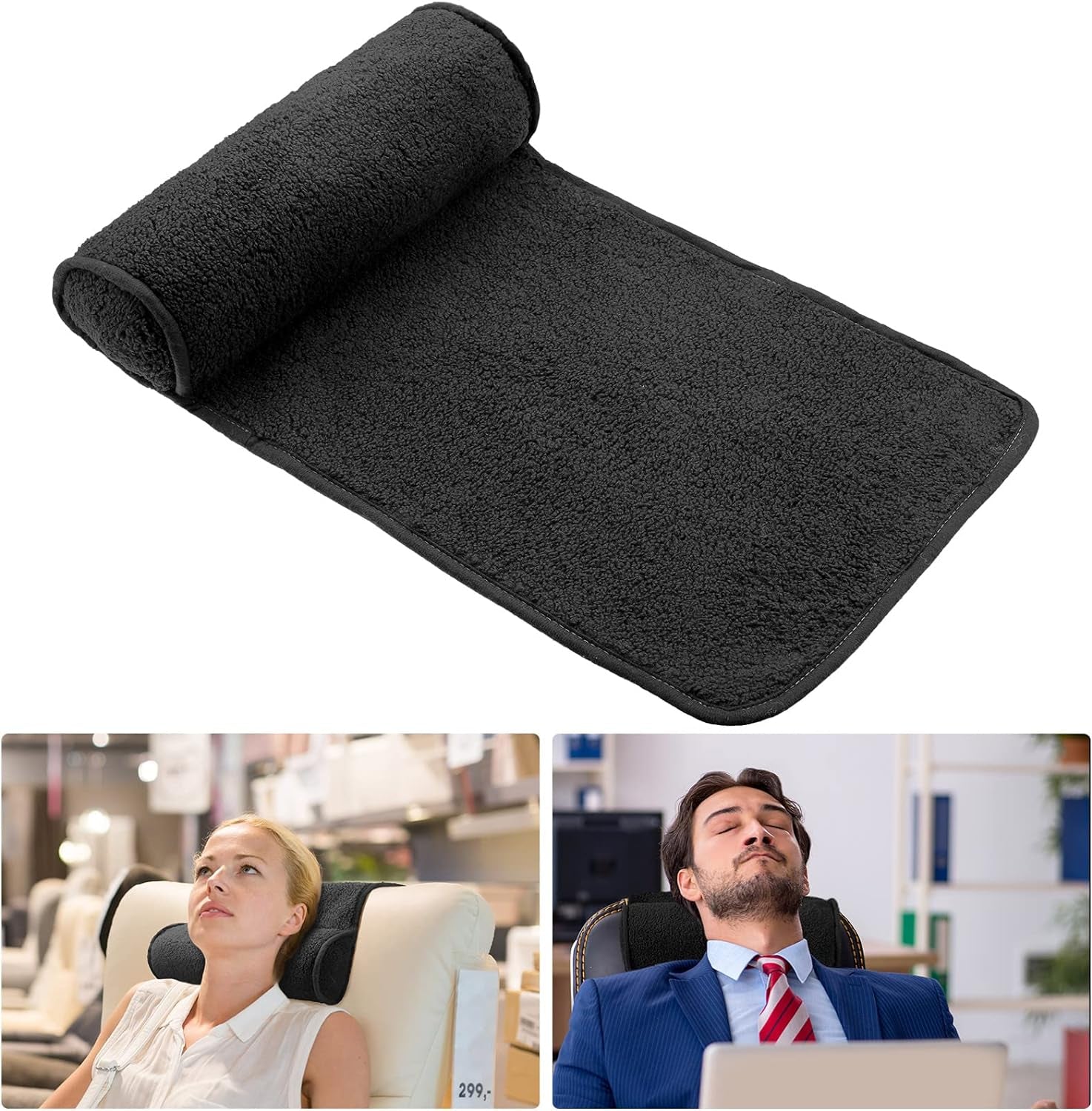 Pernă de gât pentru șezlong, pernă pentru cap, pernă reglabilă din pluș, rolă pentru gât, antiderapantă, fleece, canapea, pernă de susținere a gâtului și capului pentru călătorii, acasă, șezlong, canapea, fotoliu (negru)