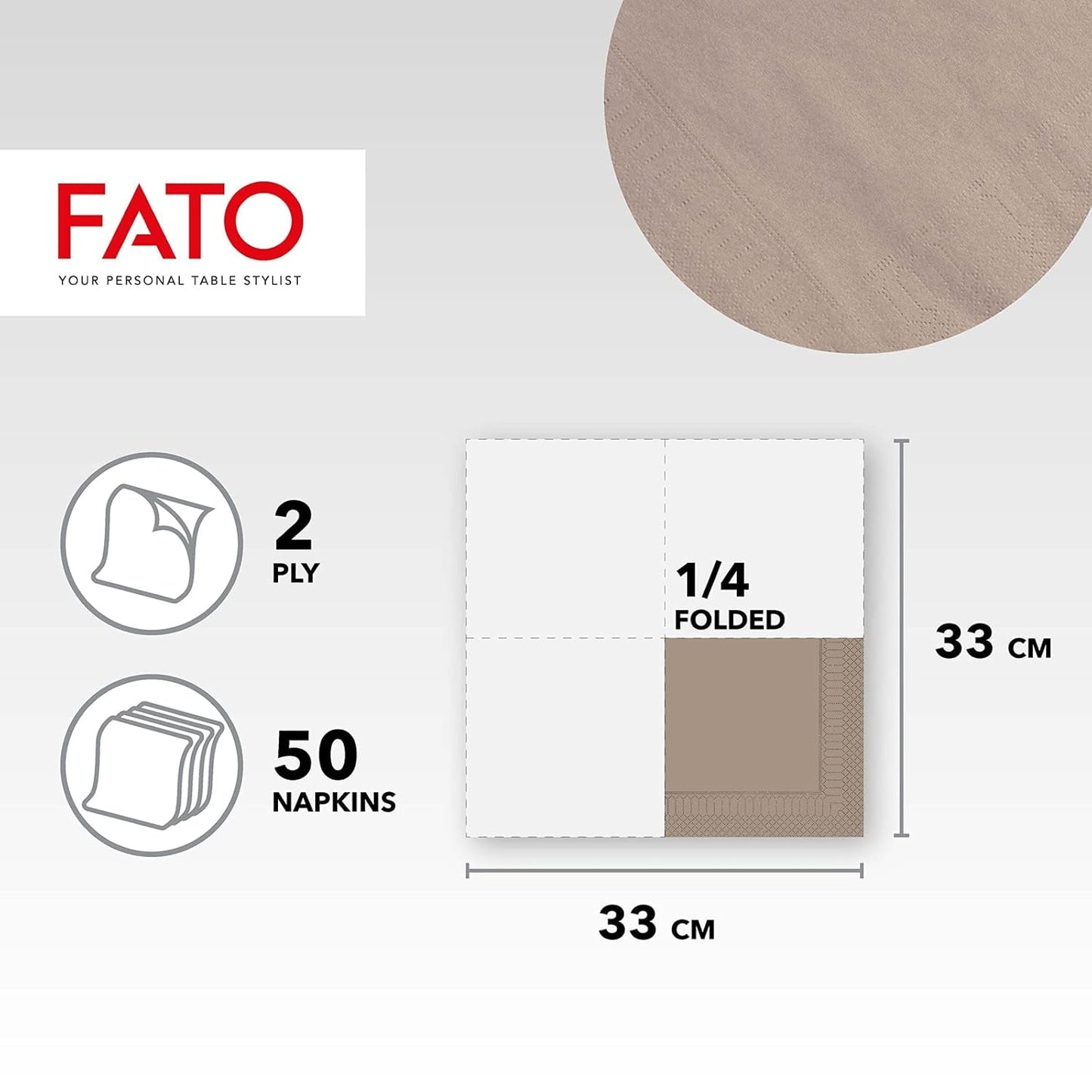 Fato, Șervețele de hârtie de unică folosință, Ideale pentru prânzuri informale și bufete, Pachet de 50 de șervețele, Dimensiune 33X33, Pliate în 4, 2 straturi, Turtledove, 100% hârtie din celuloză pură, certificat Fsc