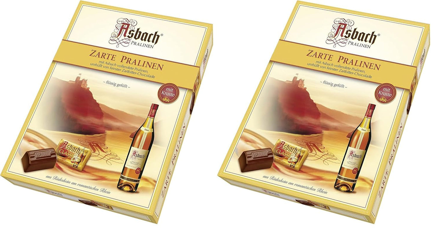 Praline RCP Asbach delicate în sticle cu crustă – 1 x 310 g – Ciocolată neagră cu umplutură Asbach