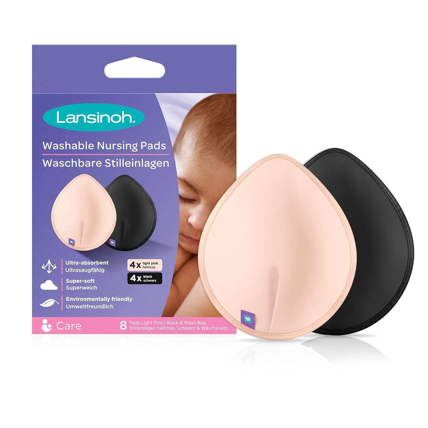 Lansinoh Tampoane de alăptare lavabile roz deschis și negru - 8 bucăți, Ultra absorbante și unguent pentru mameloane BIO Accesorii Hrana si Alaptare Bebe Naty Shop