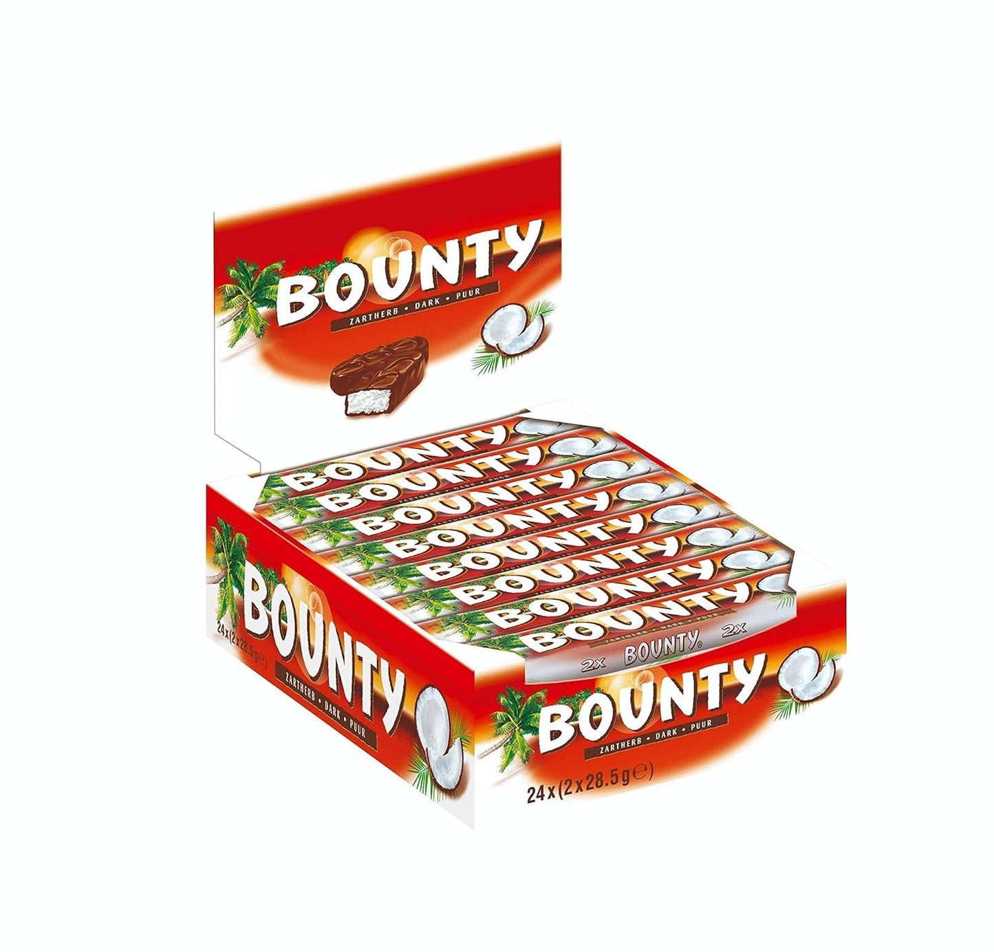 Batoane de ciocolată Bounty, aromă de cocos și ciocolată, 24 de batoane într-un pachet (24 x 57g)