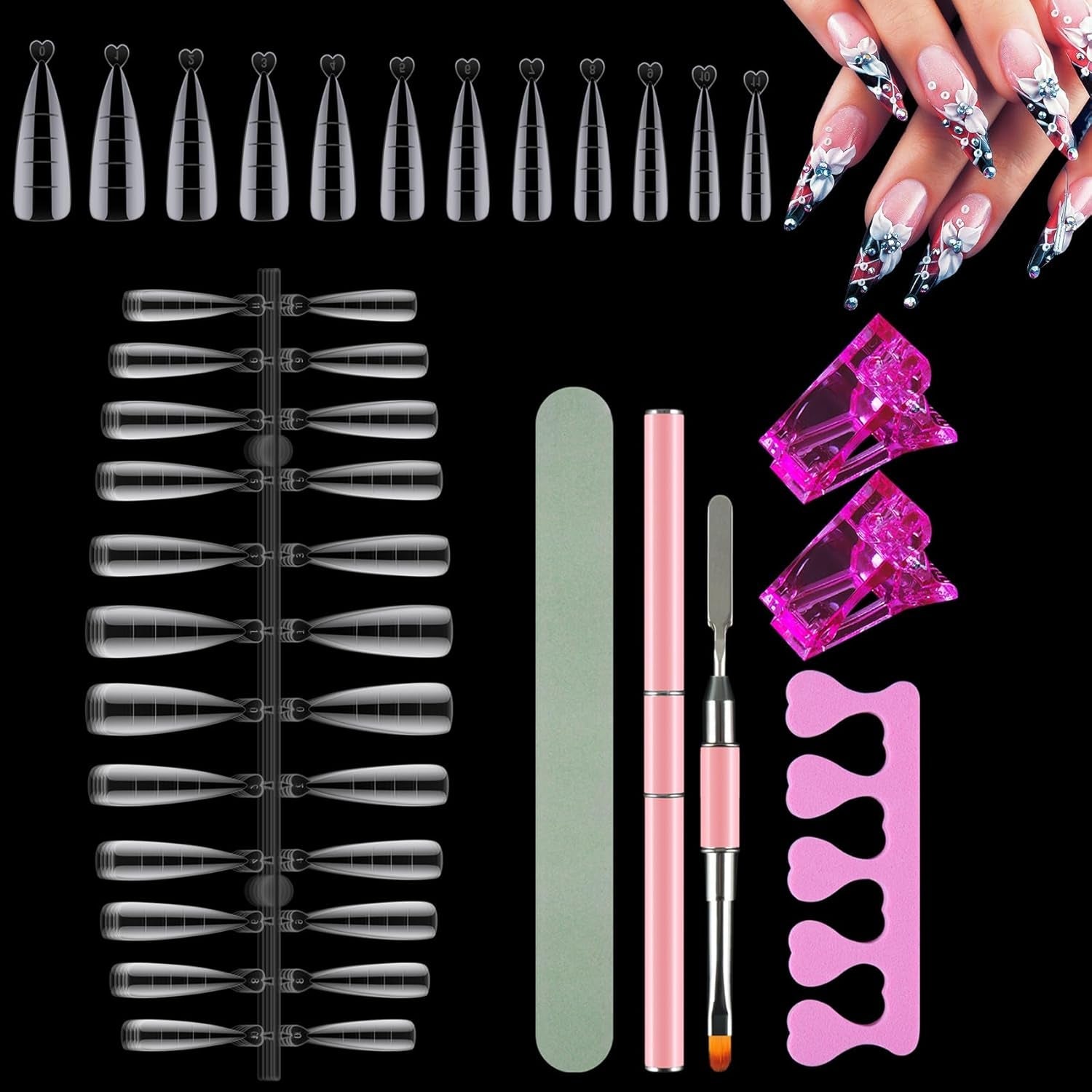 Set de 120 de forme duble pentru unghii, șabloane pentru extensii de unghii cu pensulă roz cu două capete, clemă pentru vârful unghiilor, separator de degete din burete și pilă de unghii pentru unghii Polygel