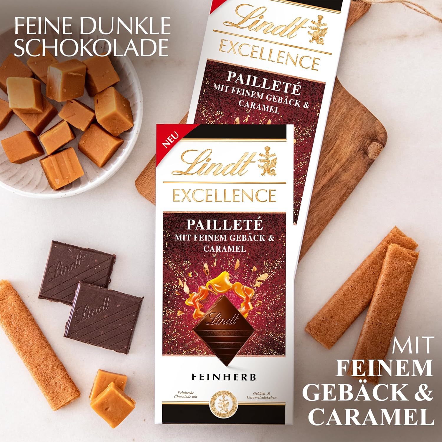 Lindt EXCELLENCE Bucati De Aluat Cu Paiete Si Caramel - Ciocolata Neagra Fina Cu Aroma Intensa De Cacao