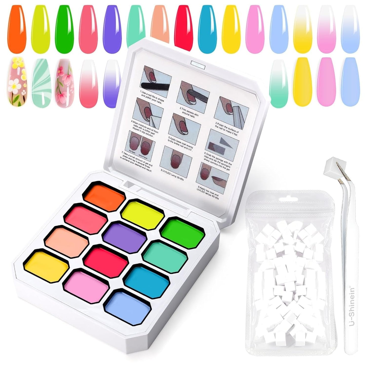 Gradient Painting Gel, 12 Colors Ombre Gel Nail Polish with 100Pcs Nail Sponges & 4 Claws Metal Grabber for French Manicure DIY Nail Art,Set I