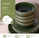 Set de veselă Mikasa Jardin cu 12 piese, set de veselă din gresie pentru 4 persoane cu farfurii, farfurii laterale și boluri, verde - cutie cadou și lavabilă în mașina de spălat vase