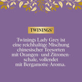 Ceai negru Twinings LADY GREY vrac în cutie de ceai – ceai negru, amestec de soiuri de ceai chinezesc cu coajă de portocală și lămâie, completat cu aromă de bergamotă (200 g)