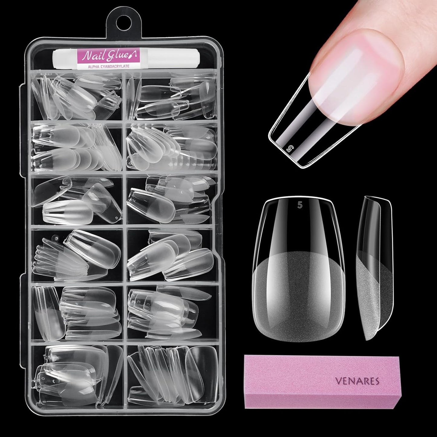 Tipuri de unghii pentru unghii cu gel, set 120 bucăți unghii artificiale scurte, culoare migdale, 11 dimensiuni unghii cu gel, tipuri de unghii cu lipici, bloc de buffer pentru unghii