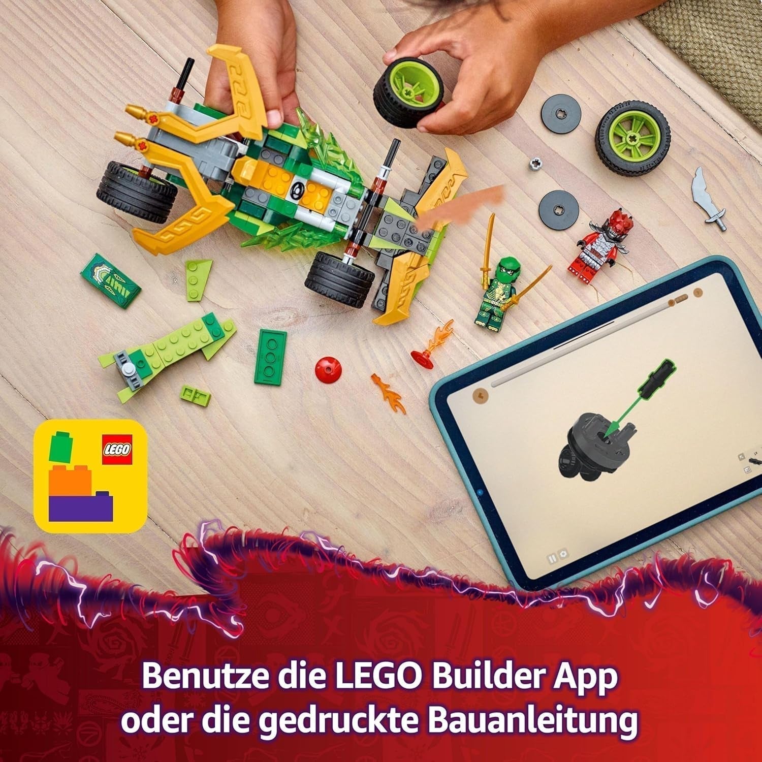 LEGO NINJAGO Lloyd's Action Speedster - Mașină de construit jucărie cu 2 minifigurine pentru jocuri de rol, mașină de construit jucărie pentru copii - cadou pentru băieți și fete de la 7 ani 71828 Seturi de constructie Besuche den LEGO-Store
