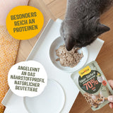 GimCat Near Nature Trial Mix Pachet de 12 - Hrană umedă fără cereale pentru pisici de la 7 luni, cu o rețetă adecvată speciei și specifică prăzii - 12 pliculețe (12 x 85 g)