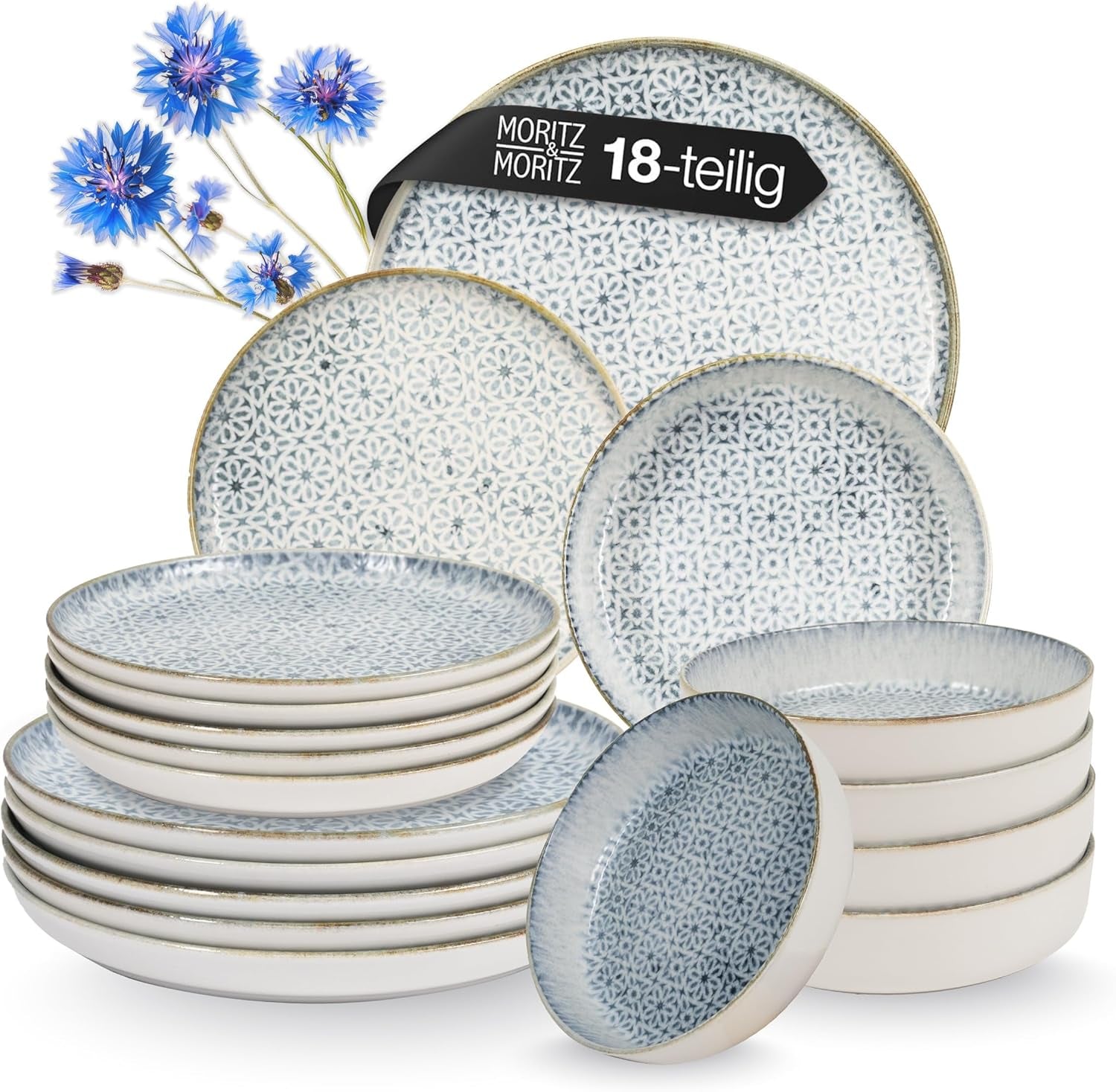 Set de veselă Moritz & Moritz ALHAMBRA pentru 6 persoane, 18 piese, din porțelan de înaltă calitate - veselă modernă albastră - set ușor de întreținut, inclusiv 6 farfurii de cină, 6 farfurii de desert și 6 boluri