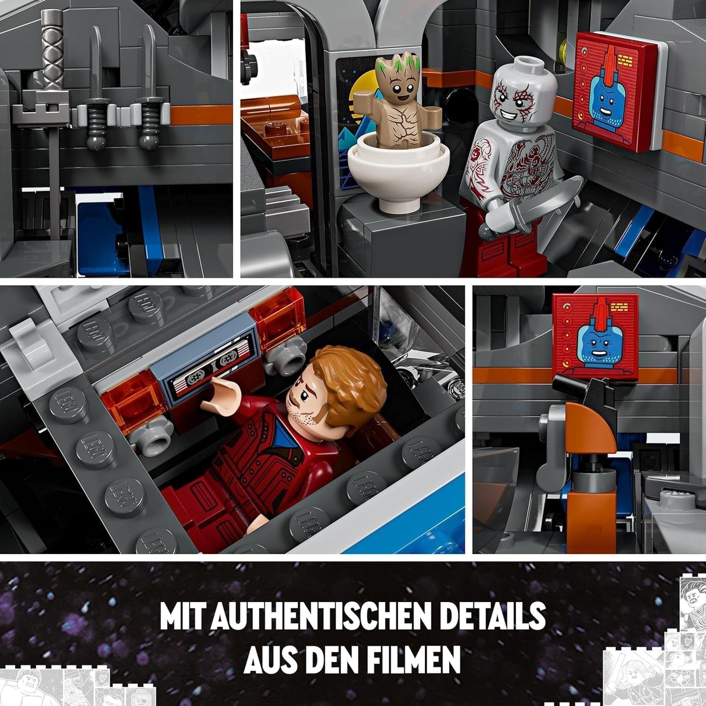 LEGO Marvel Guardians of the Galaxy: The Milano, model construibil de navă spațială cu 4 minifigurine de supereroi, Avengers Flyer pentru aventuri spațiale, cadou pentru băieți și fete 76286 Seturi de constructie Besuche den LEGO-Store