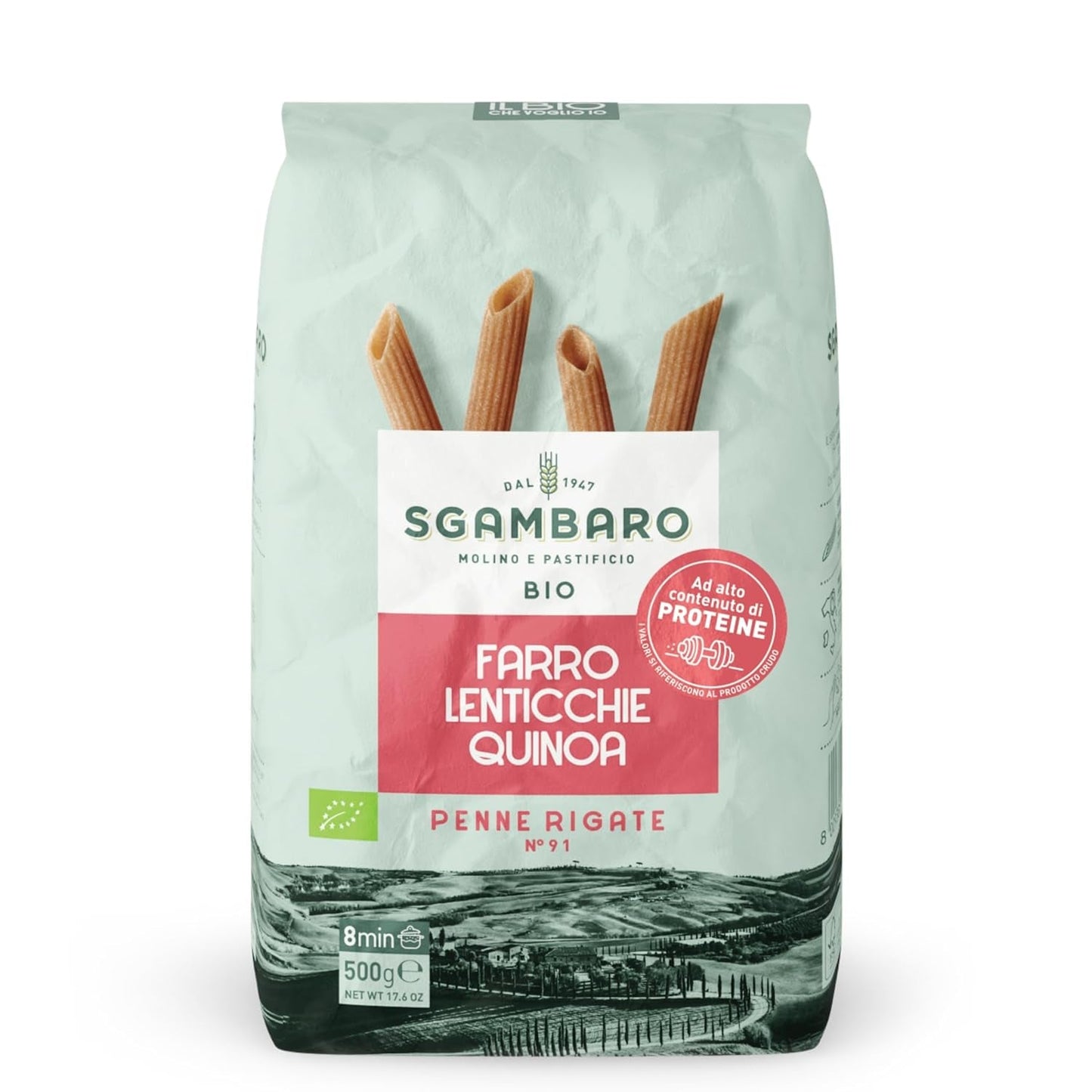 Paste Penne Rigate Organice N.91 - 500g cu făină de spelta, făină de linte și făină de quinoa – Bogate în proteine, sursă de fibre și proteine