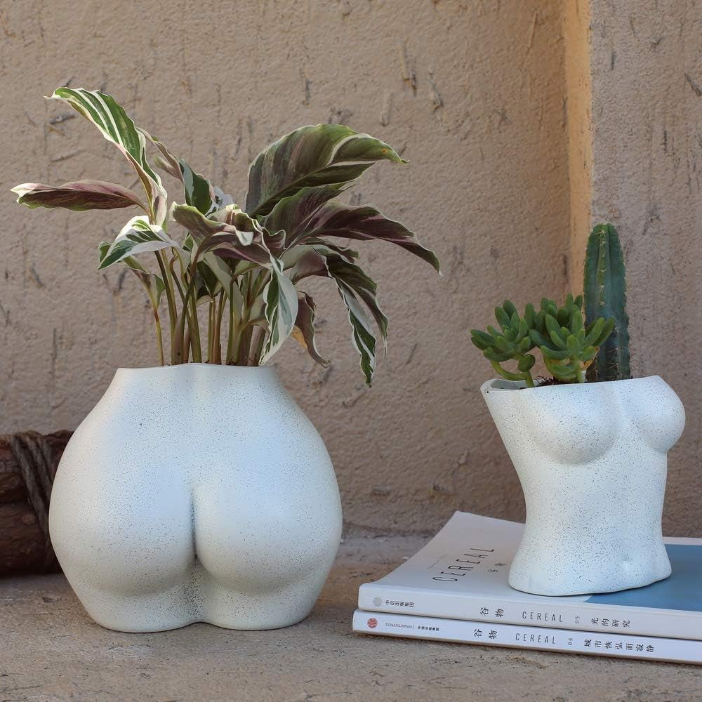 Vază artificială pentru corp, ghivece de flori pentru corp feminin cu găuri de drenaj, ghiveci de flori din rășină modern, design modern în formă de boho, plantă artificială în ghiveci pentru decor interior