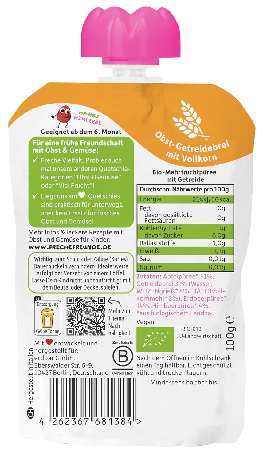 FRECHE FREUNDE Bio Quetschie Apfel, Erdbeere, Himbeere mit Grieß, Fruchtmus mit Getreide im Quetschbeutel für Babys ab dem 6. Monat, vegan, 6er Pack (6 x 100g)