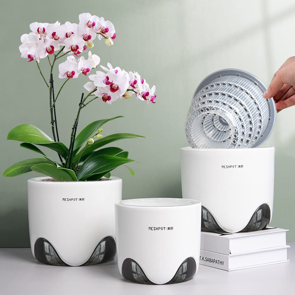 Ghivece pentru orhidee cu găuri de drenaj pentru transplantare, circulație excelentă a aerului, 2 bucăți, plastic cu strat dublu, jardinieră ceramică pentru orhidee, ghiveci transparent pentru orhidee, decorativ