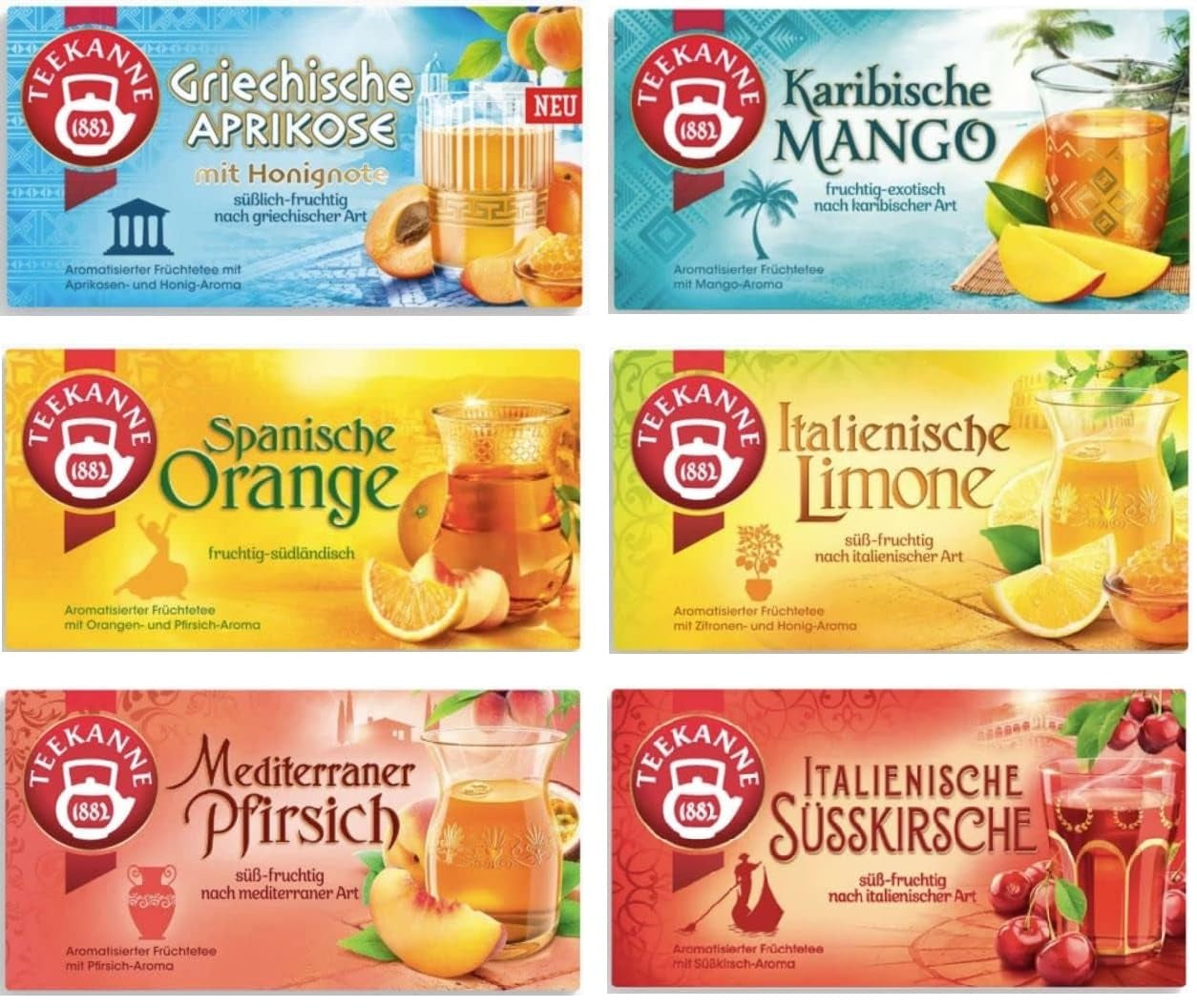 Teekanne Amestec de ceaiuri din diferite țări, caise grecești, portocale spaniole, lămâi italiene, mango din Caraibe, piersici mediteraneene, cireșe dulci italiene, 6 pachete, 270 g