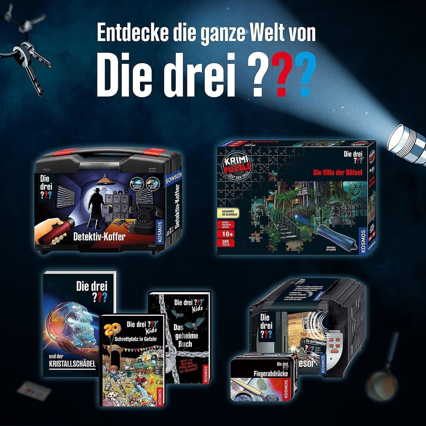 The Three ??? - Crime Puzzle - The Villa of the Puzzles By KOSMOS 697976, 300 piese, Strălucește în întuneric, Cu lampă UV, Citire, Puzzle, Rezolvarea puzzle-urilor, Puzzle detectiv De la 10 ani Puzzle Naty Shop