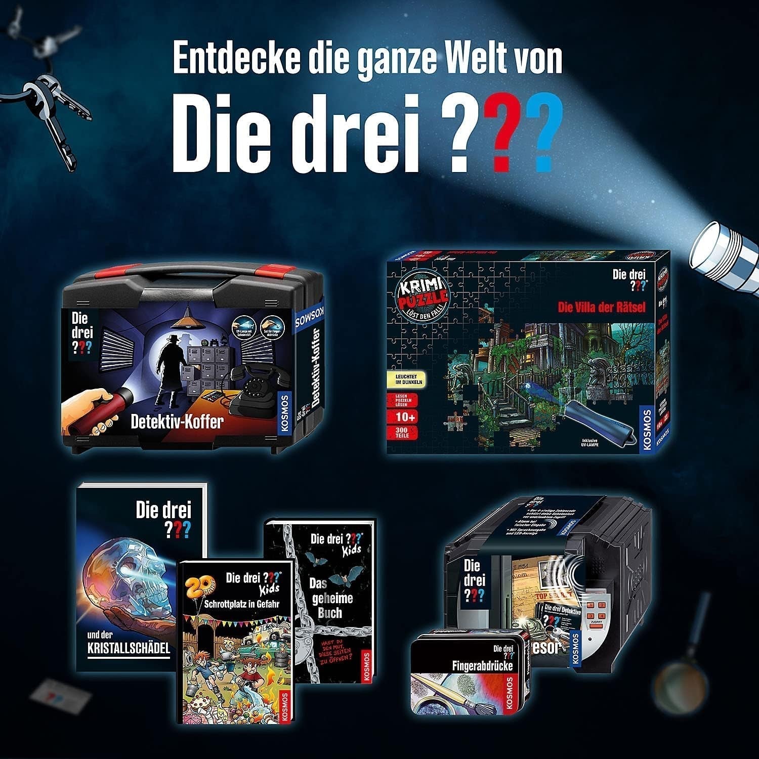 The Three ??? - Crime Puzzle - The Villa of the Puzzles By KOSMOS 697976, 300 piese, Strălucește în întuneric, Cu lampă UV, Citire, Puzzle, Rezolvarea puzzle-urilor, Puzzle detectiv De la 10 ani Puzzle Naty Shop