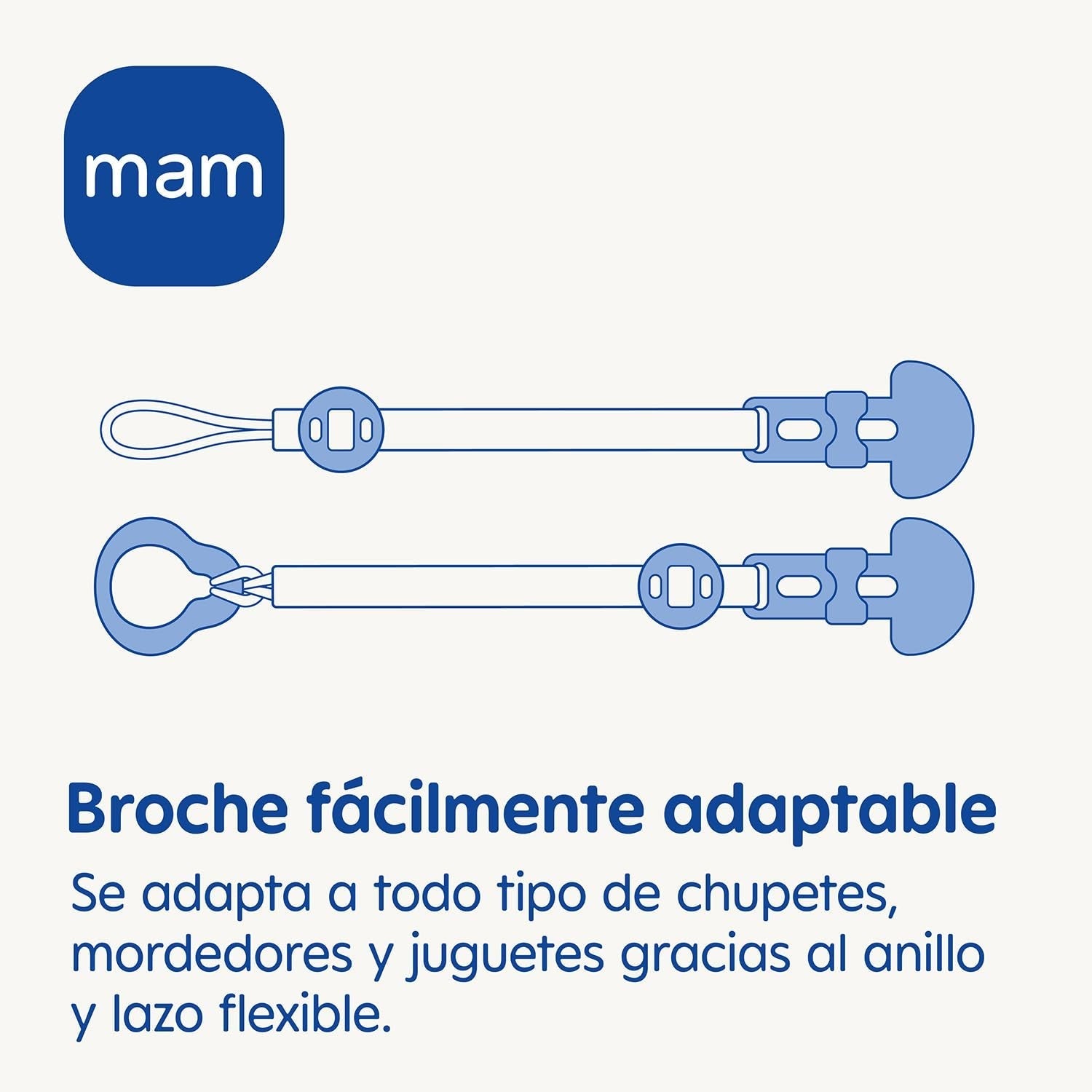 Suzetă MAM, adaptabilă la toate tipurile de suzete, inele de dentiție și jucării, lungime reglabilă, inclusiv husă pentru tetină, lavabilă, albastră, 1 bucată