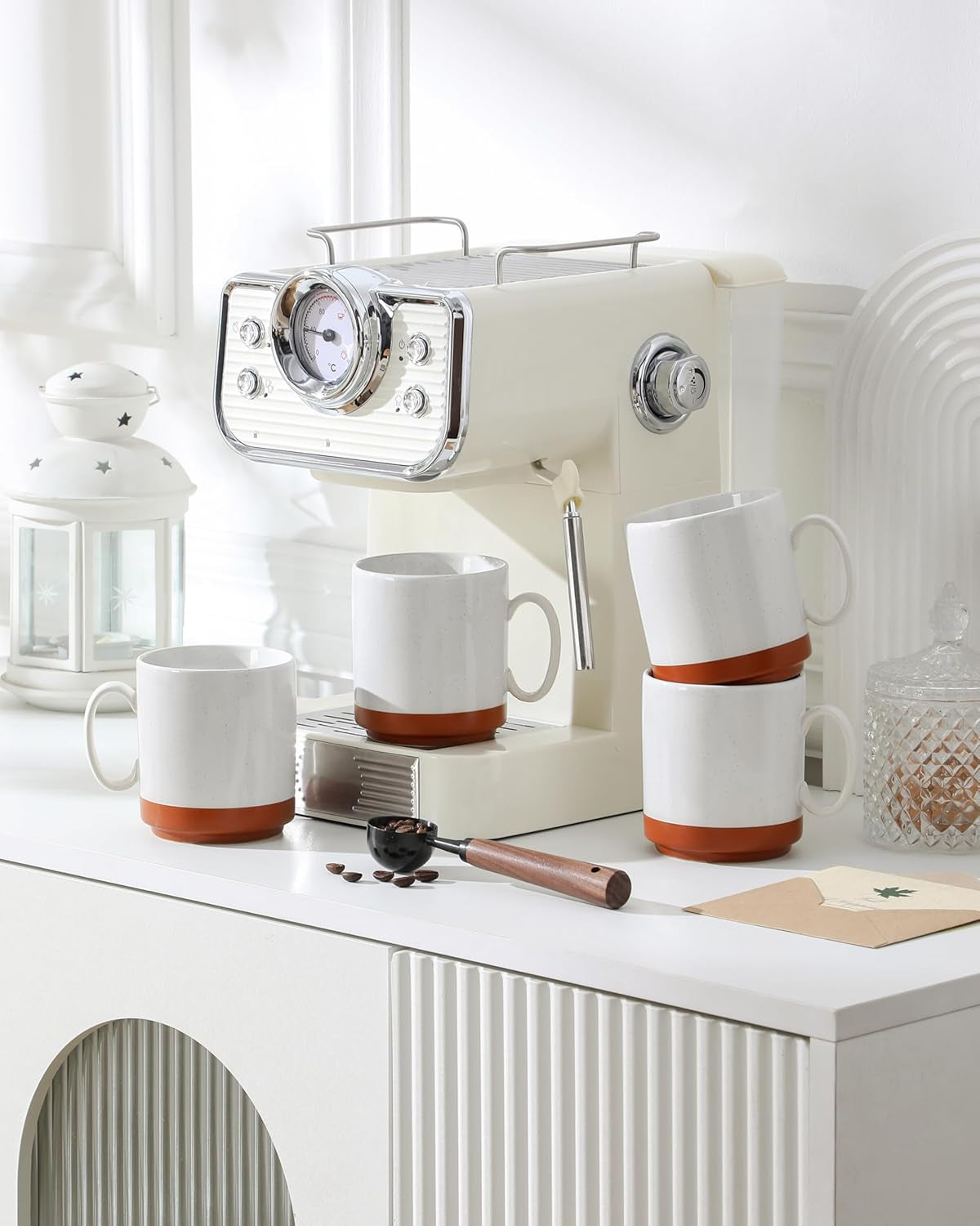 Set de căni de cafea MALACASA, set de cești din gresie 350 ml pentru 4 persoane, cești de cafea moderne pentru ceai, suc, latte, cappuccino, ciocolată caldă. Se poate spăla în mașina de spălat vase și la cuptorul cu microunde, seria TARA, alb kaki