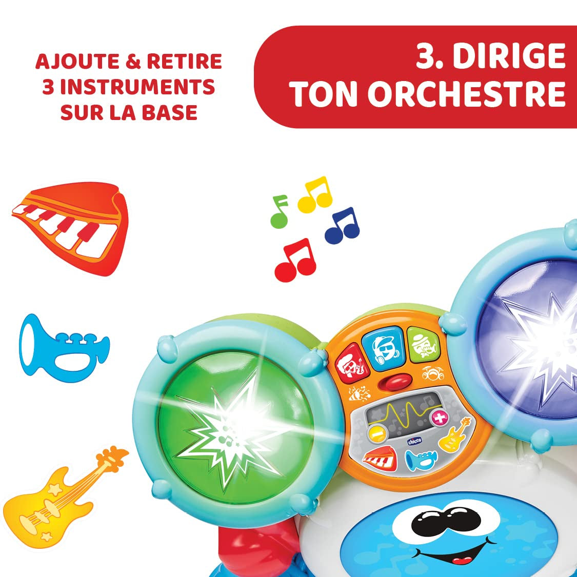Chicco 00009820100000 Mi First set de tobe cu lumini și sunete, 3 moduri de redare instrument muzical cu baterie pentru copii, multicolor, Mare Jucarii Bebe Naty Shop